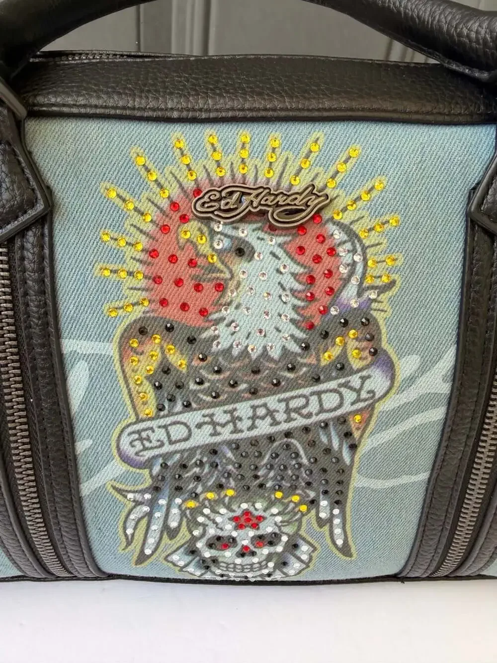 Ed Hardy VeganLeather and Denim Satchel CrossbodyHandbag with Eagle and SkullRns
